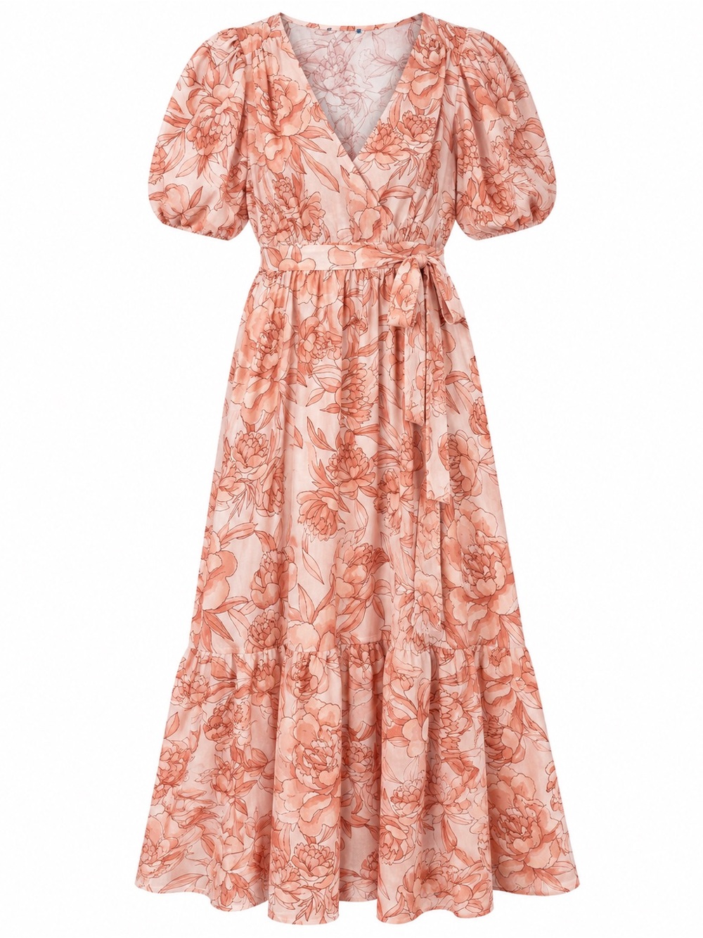 CeCe Floral Midi Dress XS Peach Cream Puff Sleeve Tie Waist Cottagecore Boho